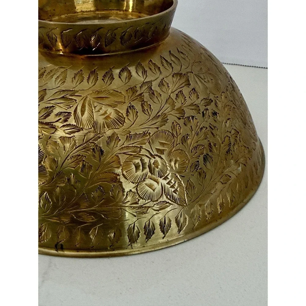 Vintage 1970s Indian Brass Pedestal Bowl, Hand Etched Floral Footed Dish Boho